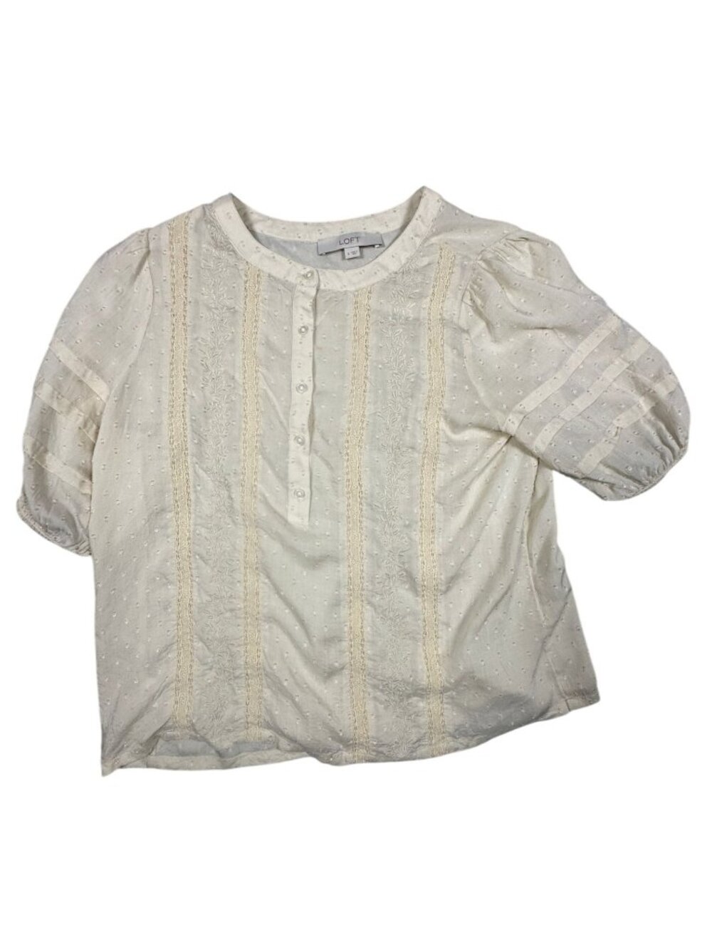 Loft Ivory Textured Blouse Embroidered Details Puff Sleeves Womens Small - Picture 2 of 6